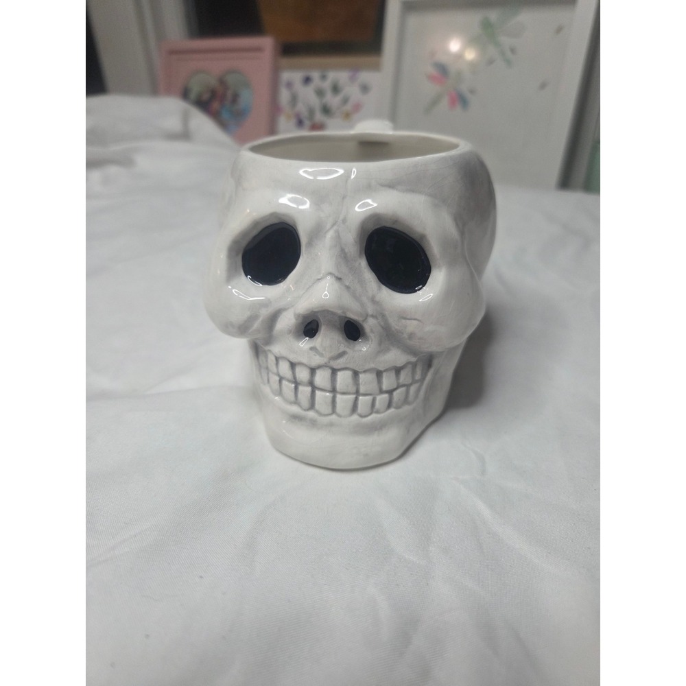 White Ceramic Skull Mug Gothic Bone Handle Halloween Coffee Cup